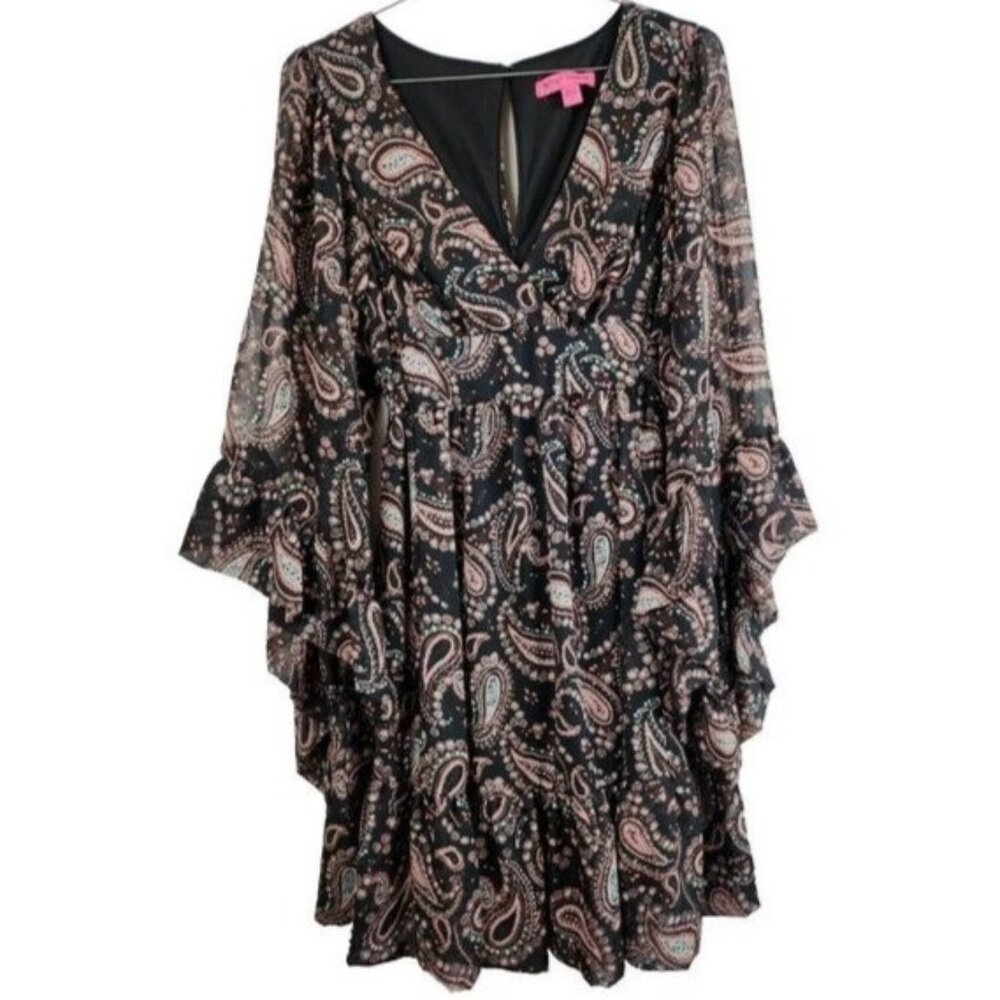 Betsey Johnson BOHO Mini Dress Womens Size 2 Black Pink Paisley‎ Bell Sleeve